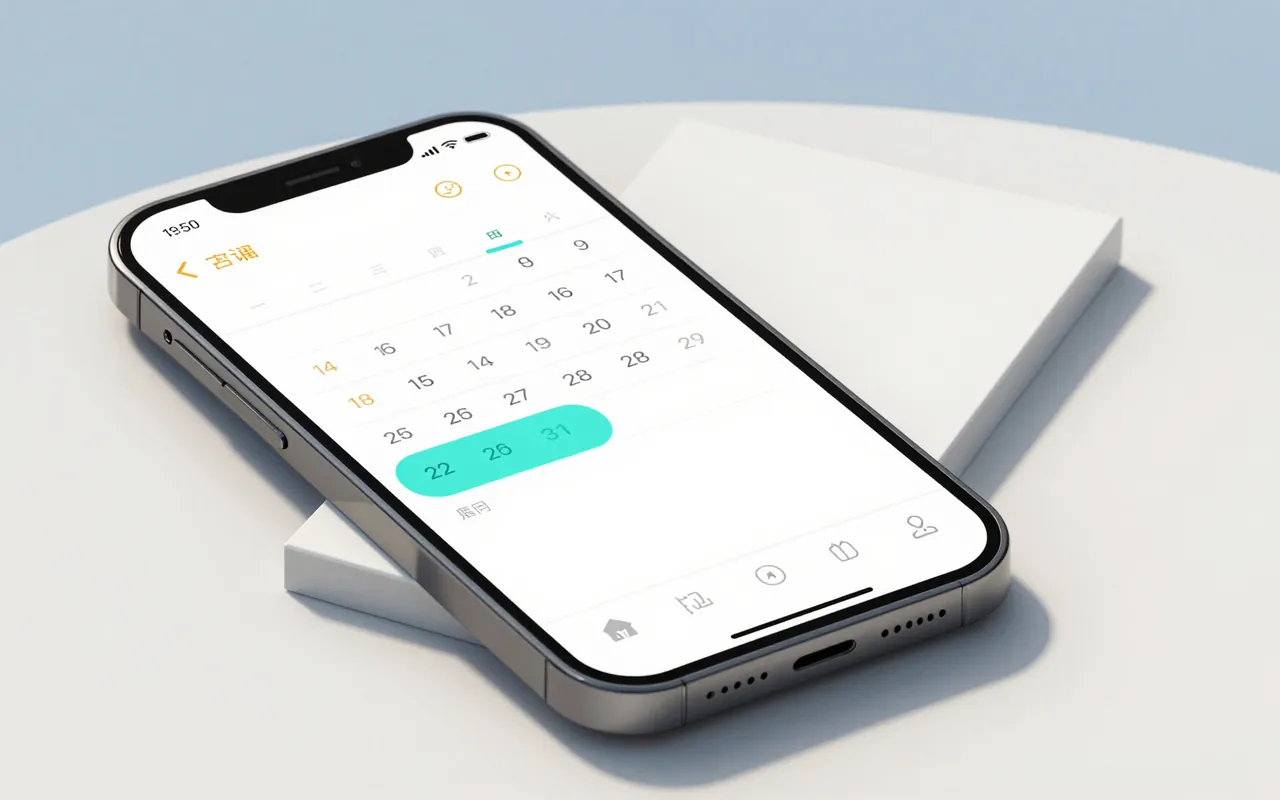 A smartphone on a pale desk showing a calendar booking card with a highlighted time slot