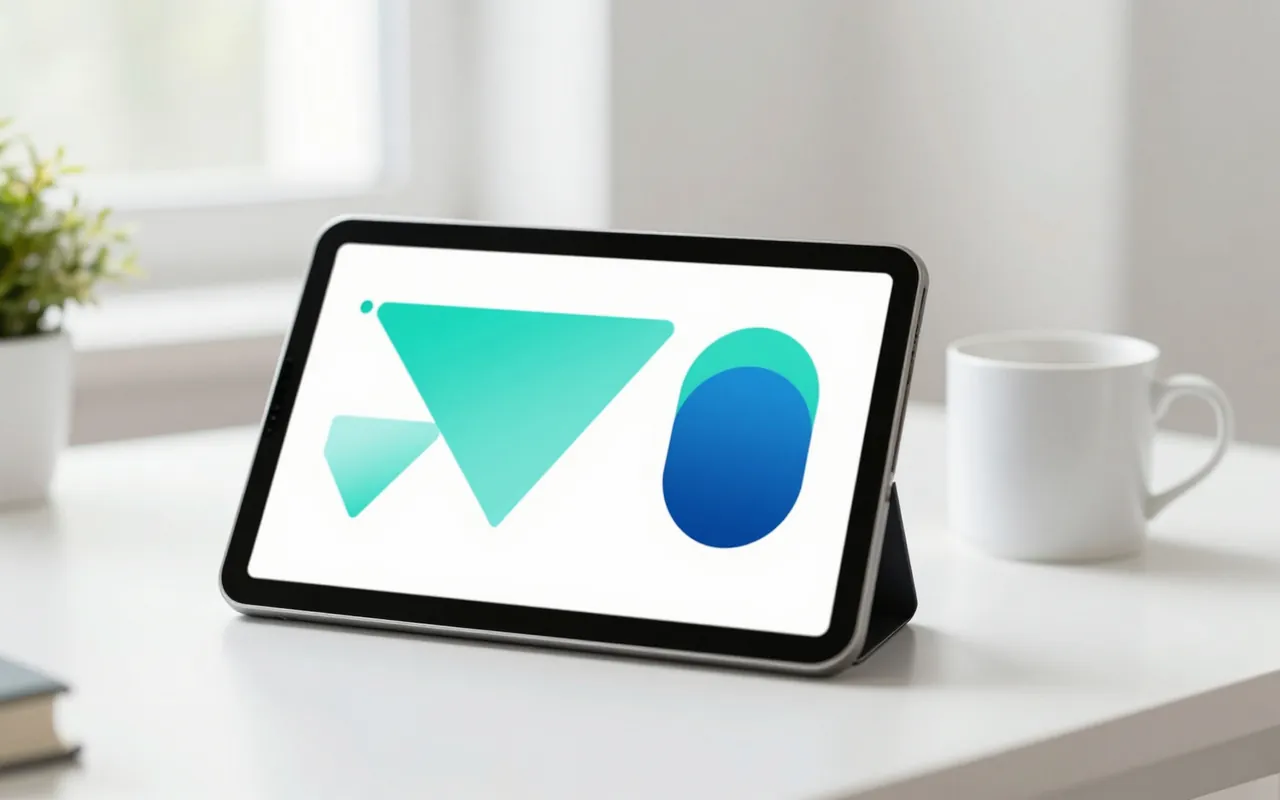 A tablet on a bright desk showing soft funnel charts in turquoise and cobalt