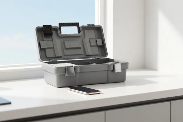 A bright kitchen counter with an open toolbox and a smartphone